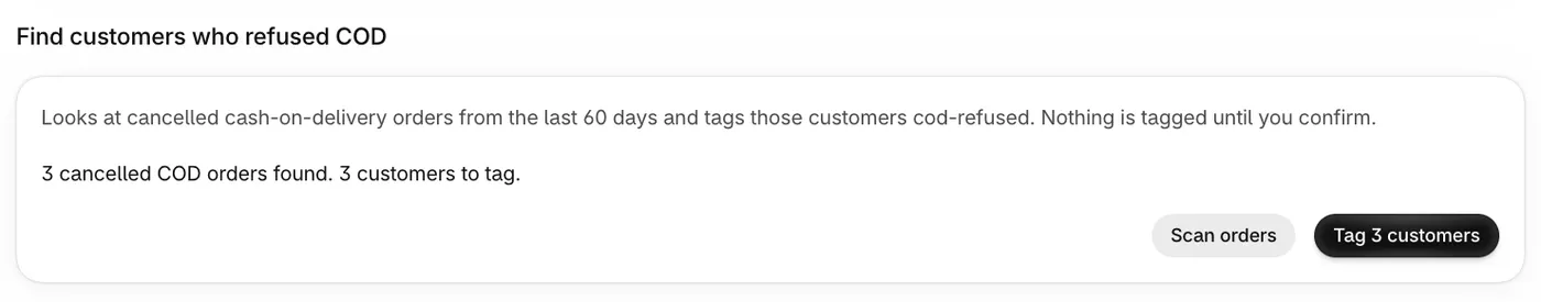 Refuser scan result: cancelled COD orders found and customers to tag